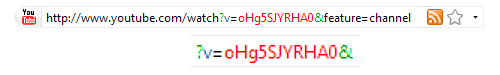 Image showing the video ID location in a youtube hyperlink. This variable is named lower case 'v' and extends after the following equal sign to the nearest ampersand, hash or end of line.